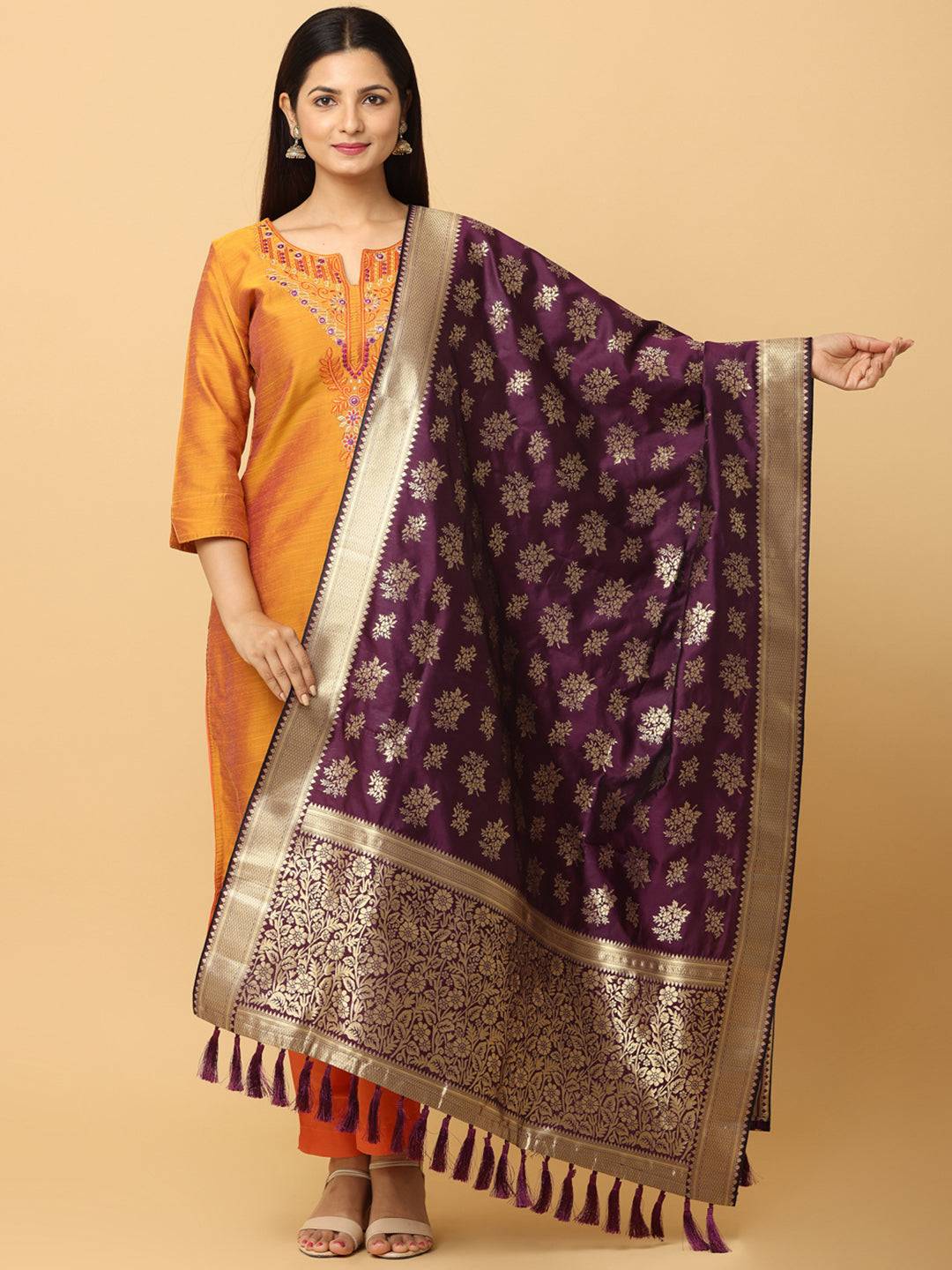 Wine silk blend dupatta with resham tassels, front view