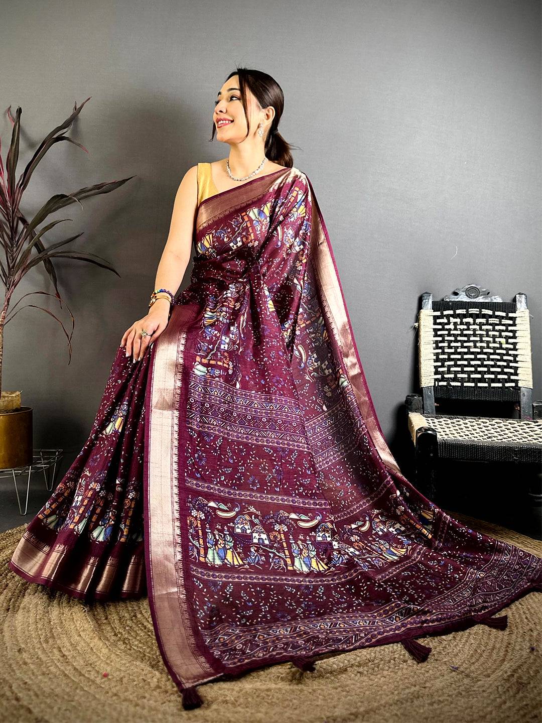 Brown Pen Kalamkari Soft Dola Zari Saree