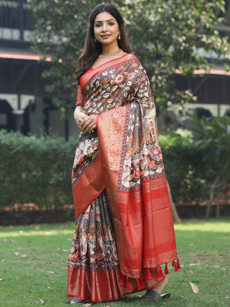 Grey Hand Kalamkari Printed Viscose Dola Silk Saree - Luxe