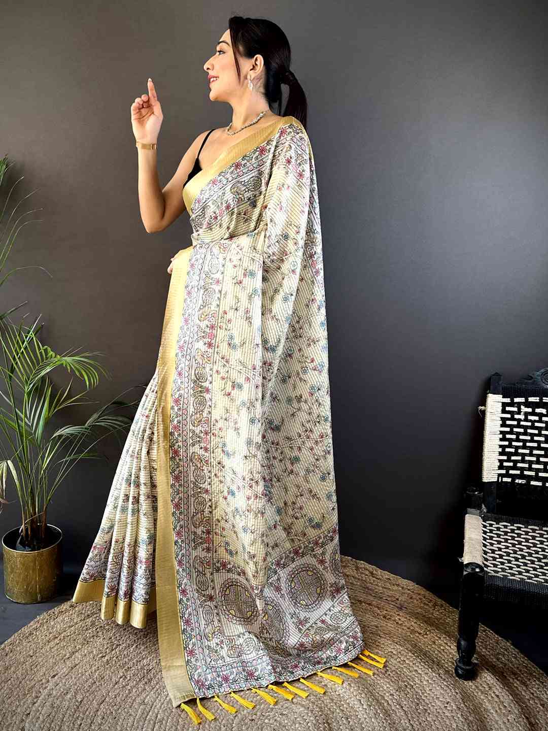 Off White Chanderi Madhubani Black Chex Saree