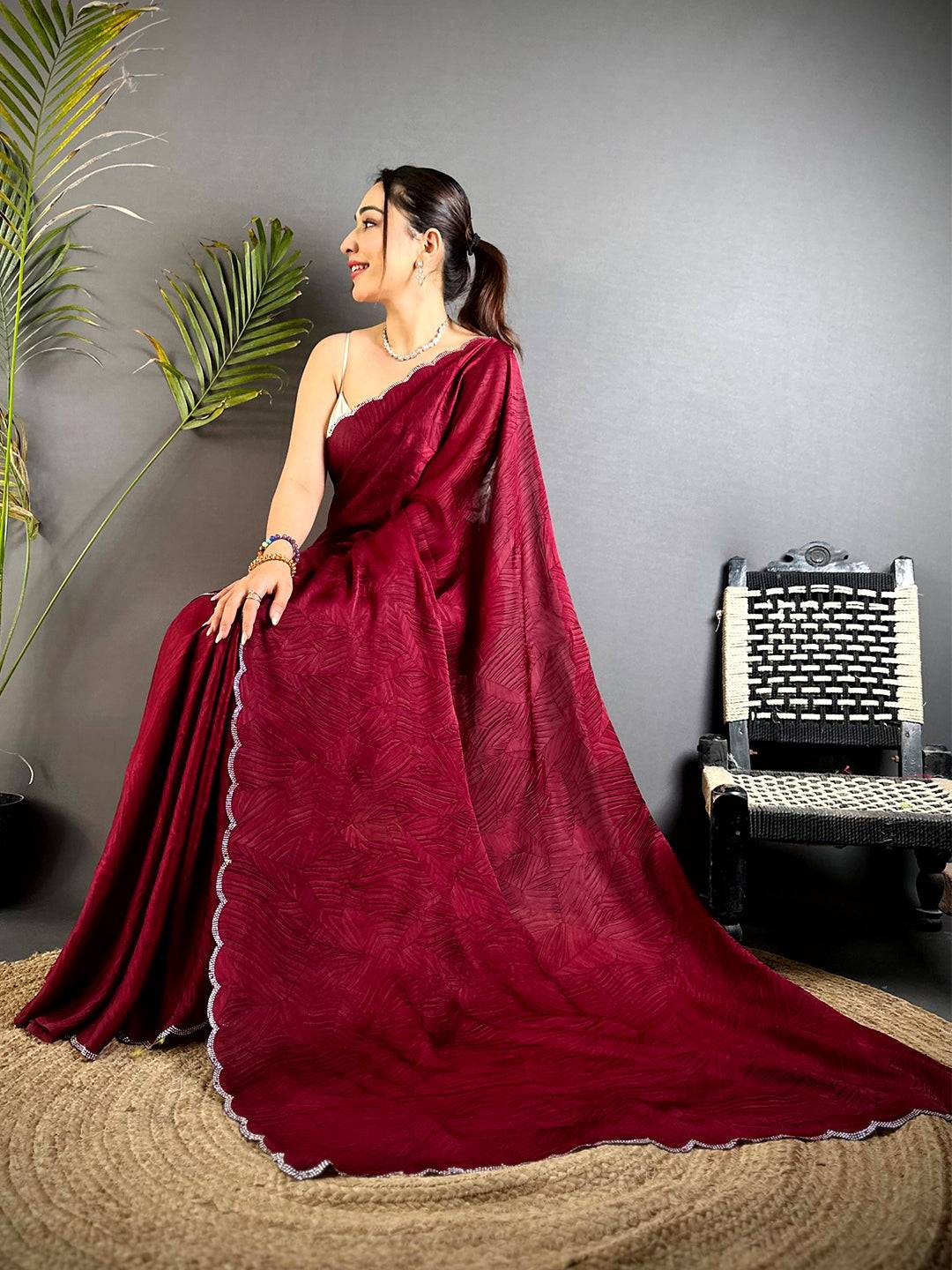 Red Swarovski Silk Crush Saree