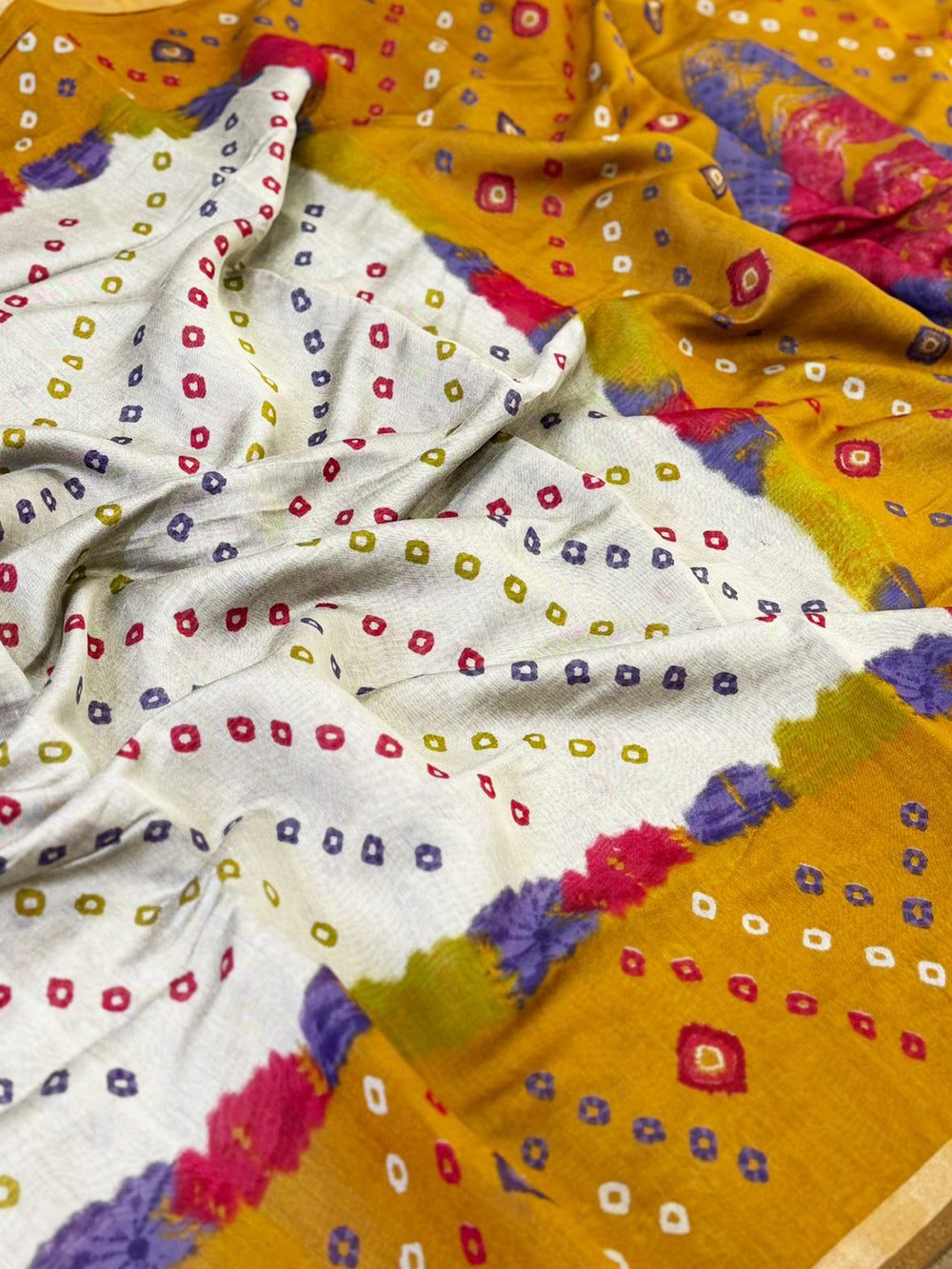 Yellow Mul Cotton Bandhej Print Saree