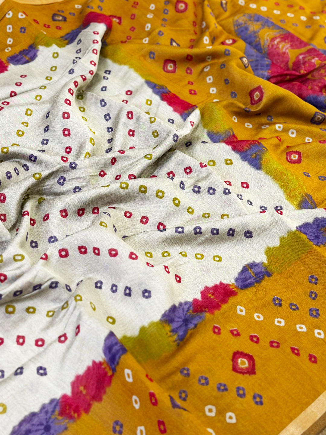Yellow Mul Cotton Bandhej Print Saree