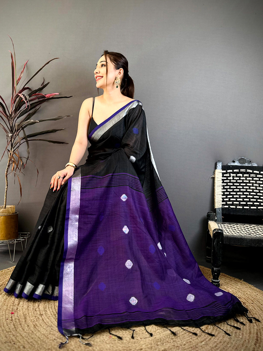 Classic Minakari Polka Dot Linen Saree