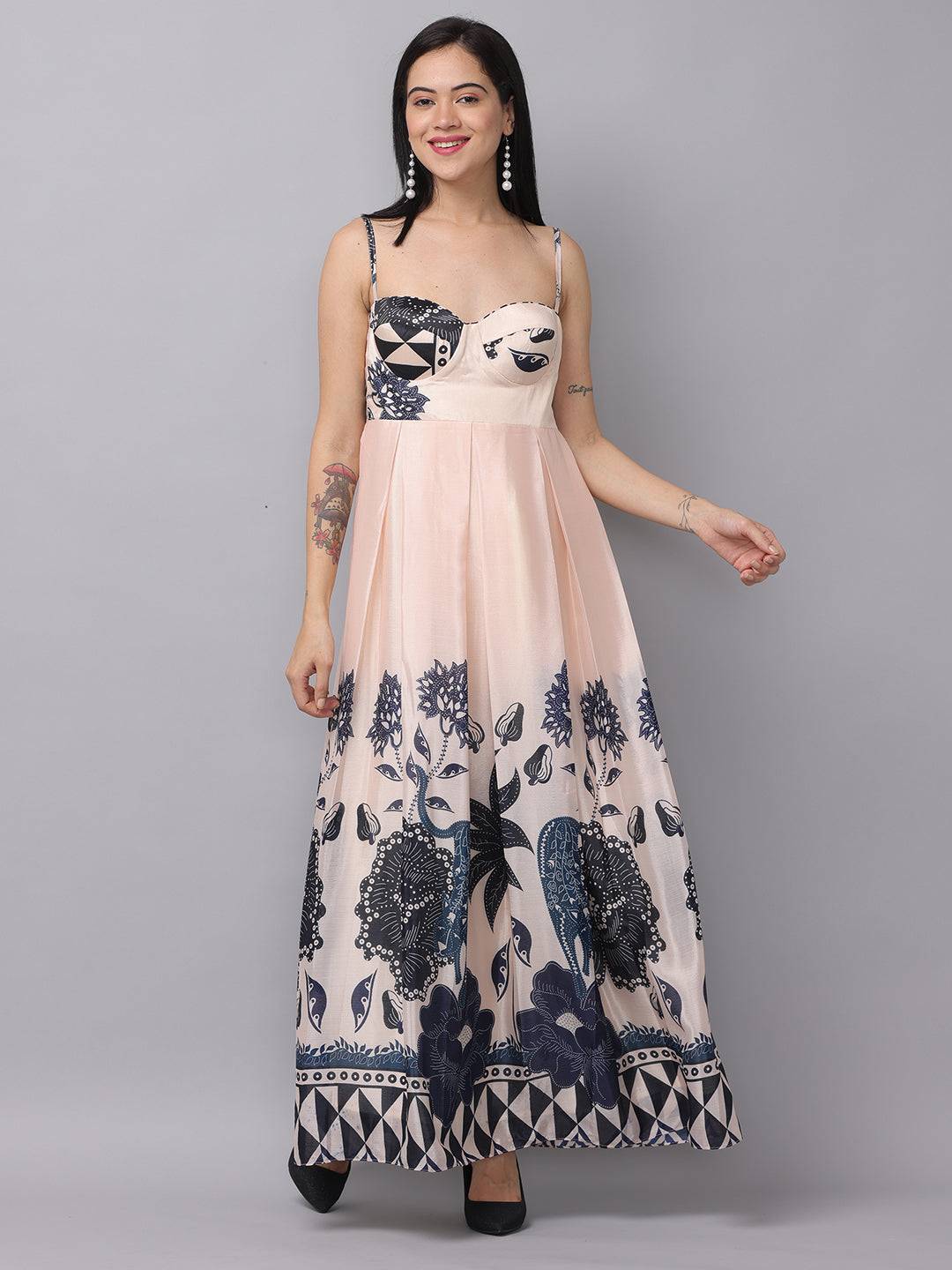 Ivory cream sweetheart neck dress with floral print