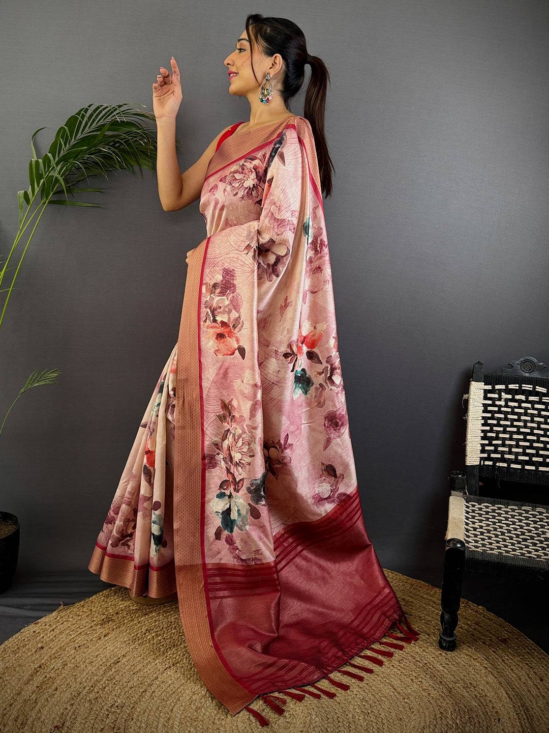Radiant Pink Tussar Silk Digital Print Saree
