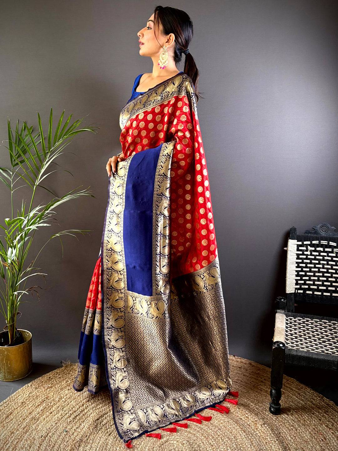 Red Banarasi Silk Saree With Pattu Zari Border