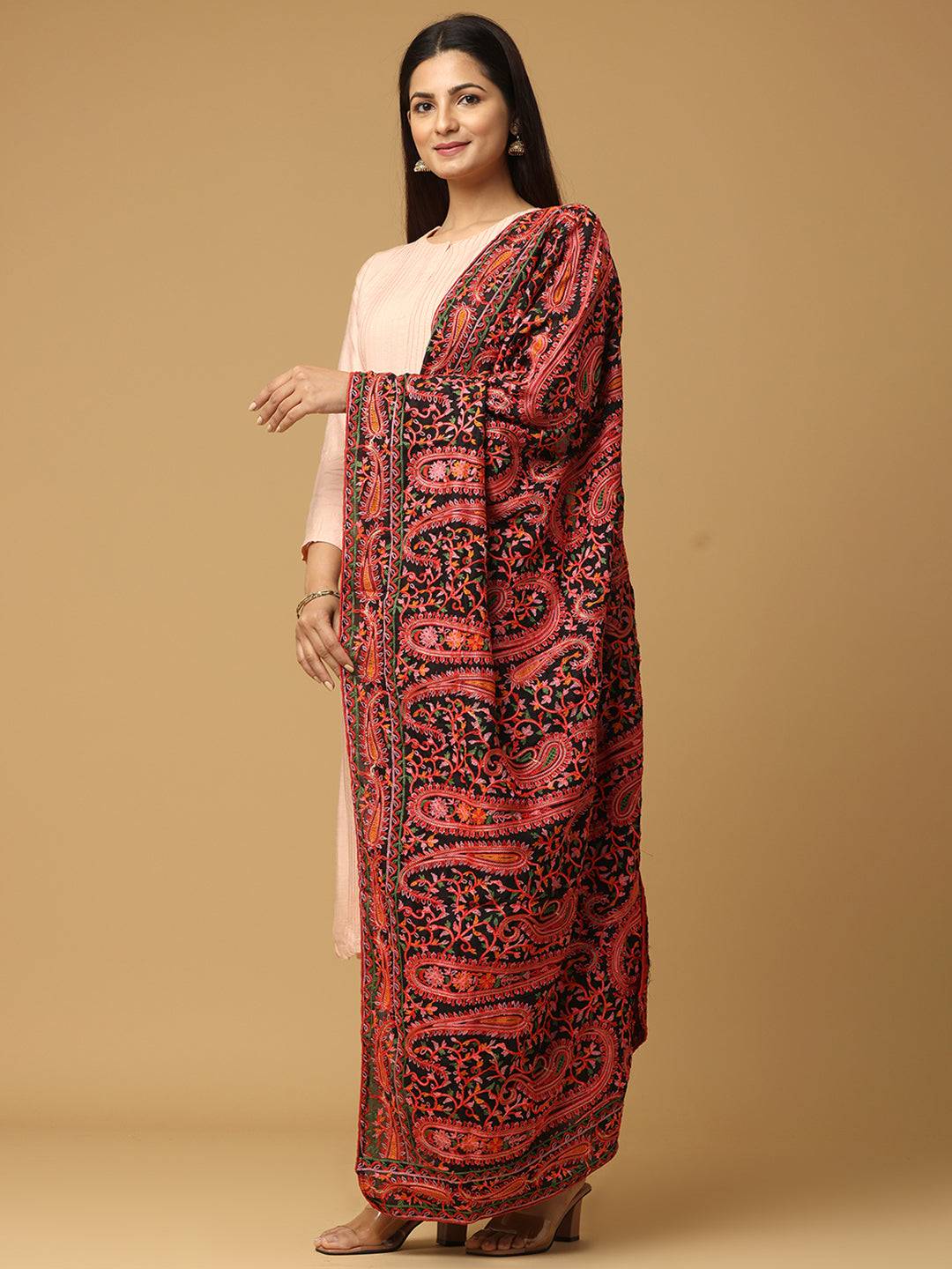 Side view of black poly chiffon dupatta with detailed embroidery