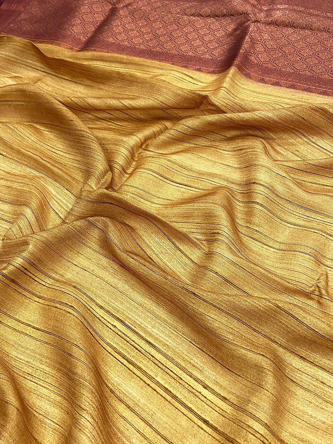 Golden Yellow Tussar Ghicha Print Saree
