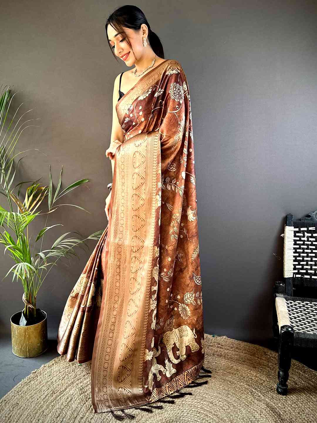 Brown Soft Silk Animal Bandhej Saree