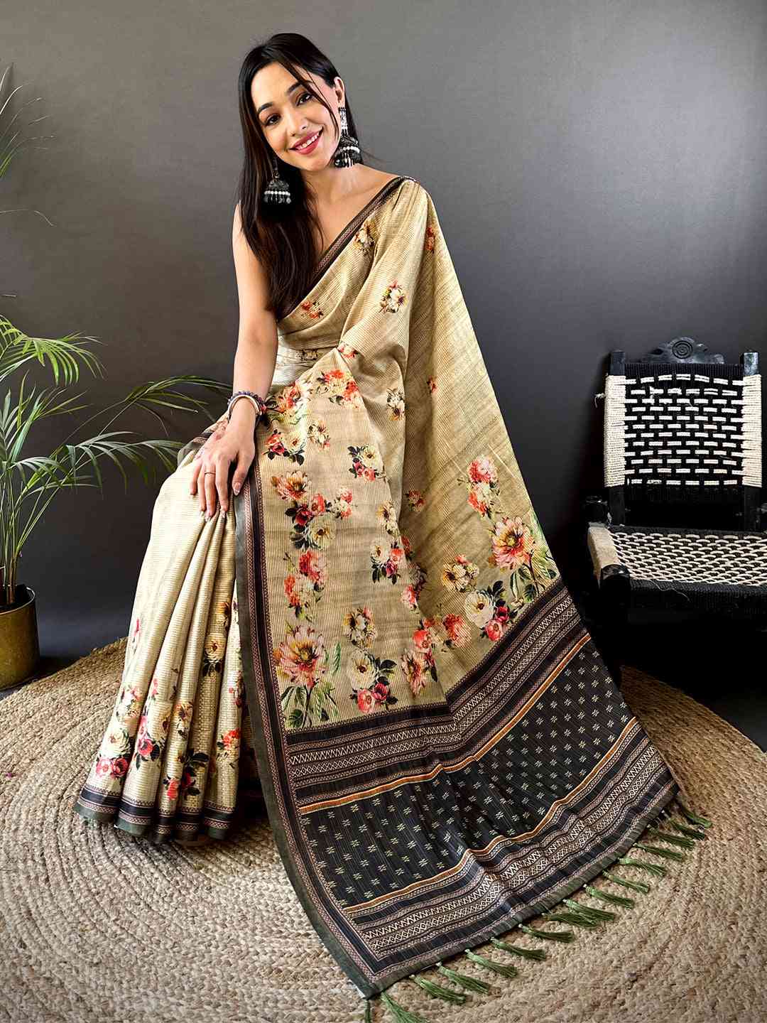 Floral Beauty in Beige Tussar Zari Saree