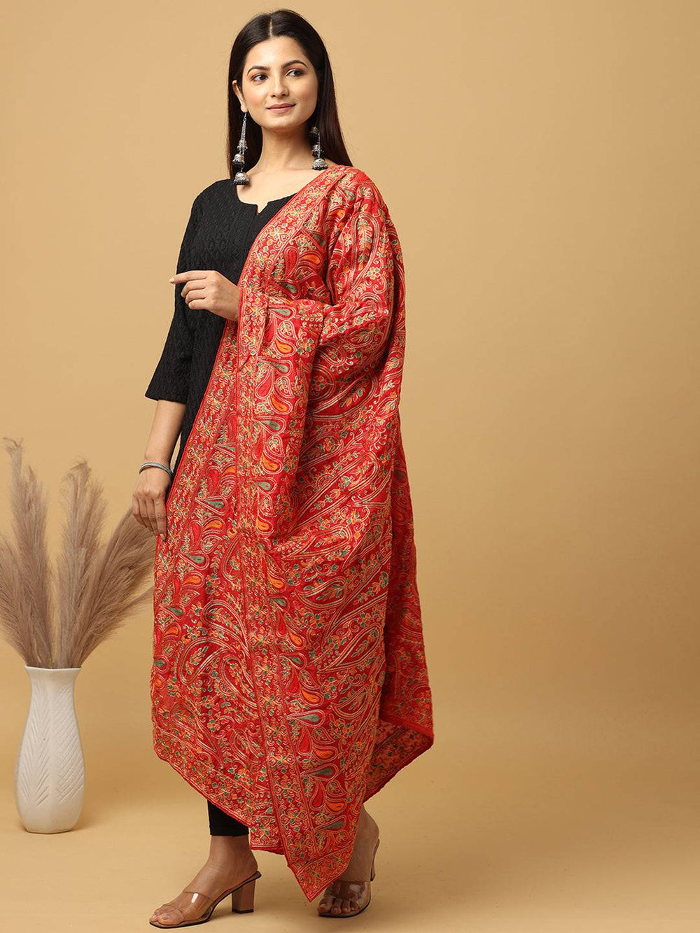 Model showcasing red poly chiffon pashmina dupatta