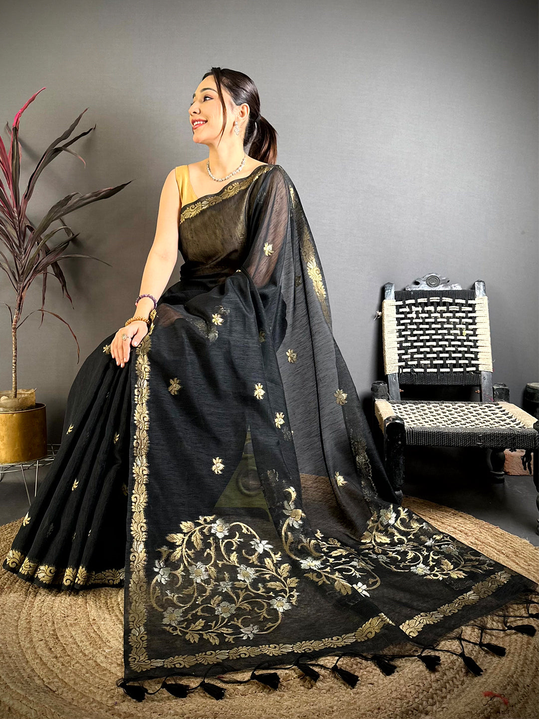 Black Sona Chandi Muga Cotton Saree