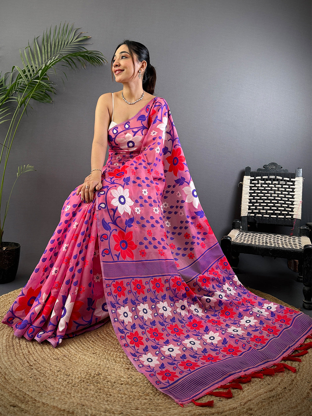 Rose Pink Dhakai Jamdani Cotton Silk Saree