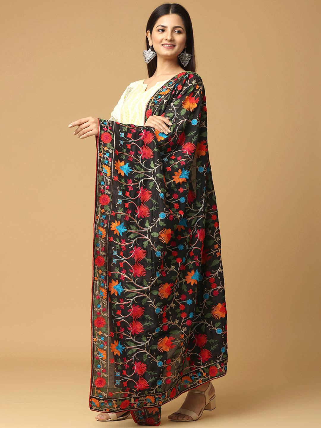 Side view of embroidered Poly Chiffon Dupatta with floral motifs
