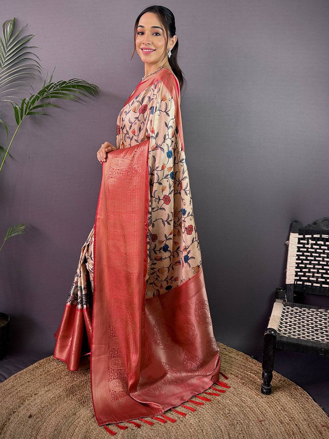 Cream Cherry Satin Kalamkari Saree