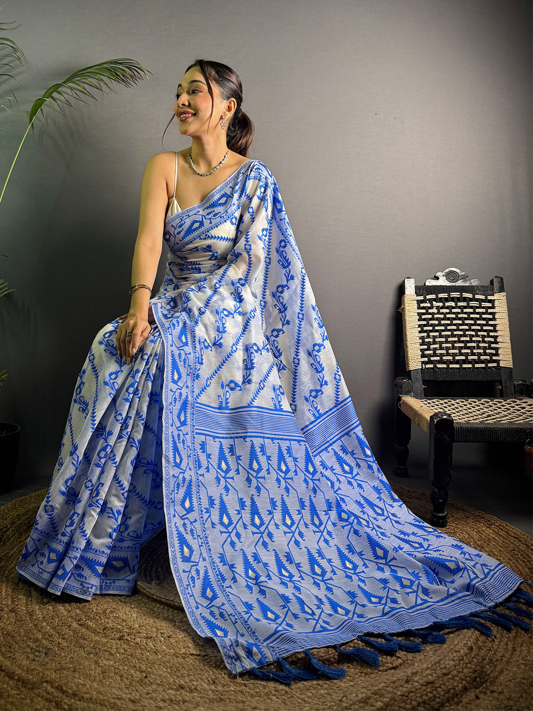 Jamdani Blue Colour Ethnic Motif Design Silk Cotton Saree