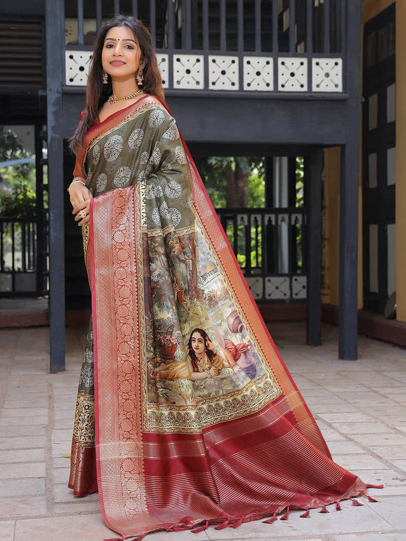 Olive Viscose Dola Silk Saree With Kalamkari And Mughal Print - Luxe