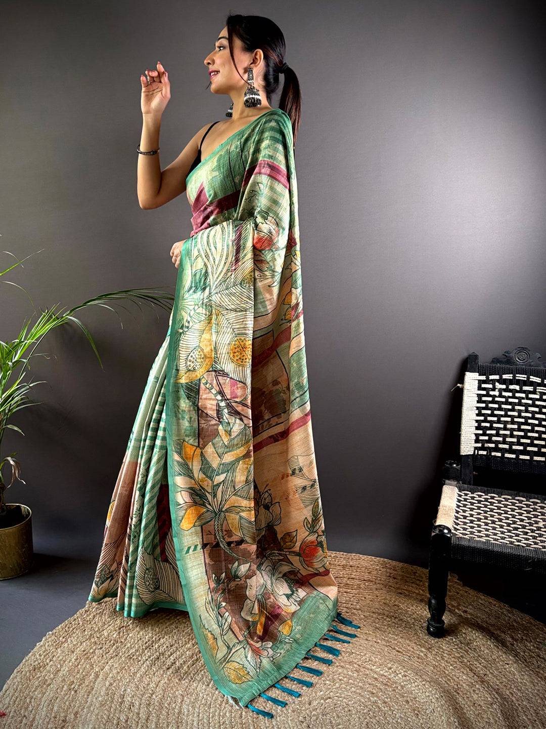 Steel Blue Tussar Silk Lush Botanical Prints Saree