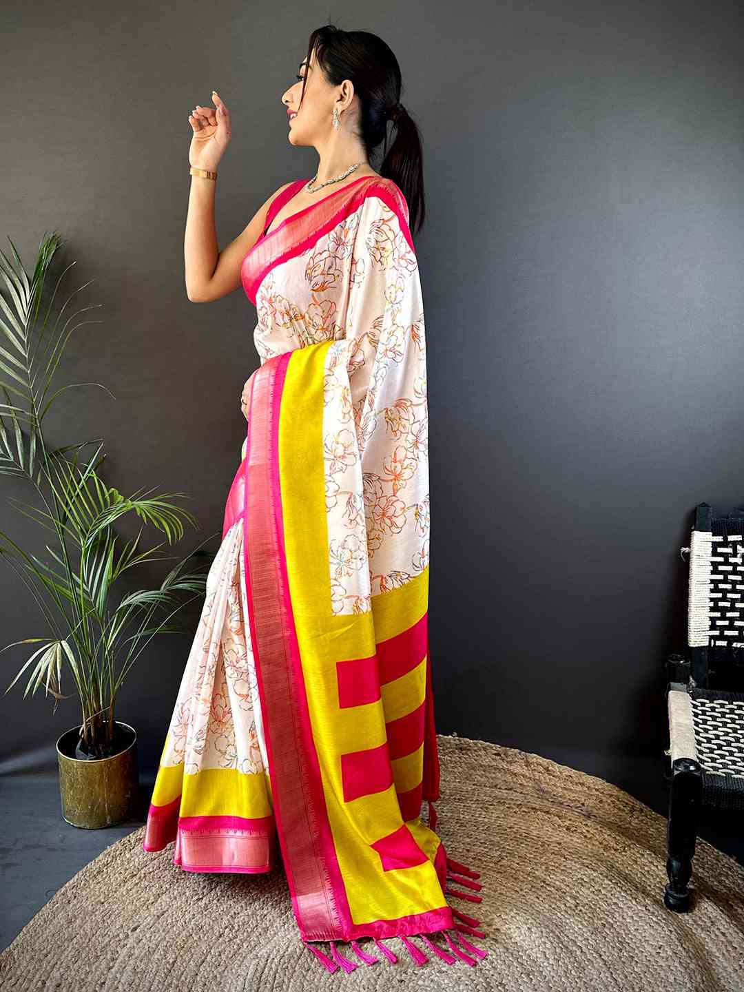 White Dola Silk Bird Print Saree