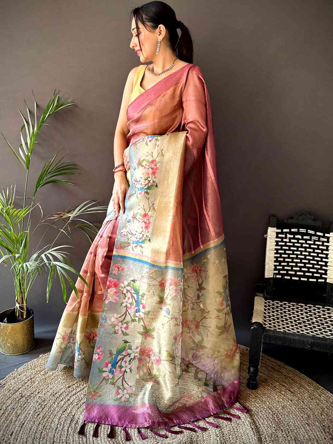 Wine Ombre Zari Tissue Digital Print Saree