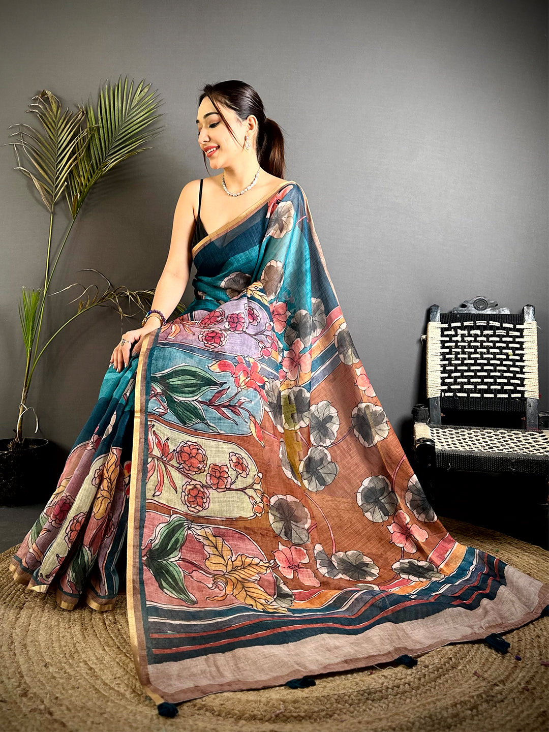 Stylish Hand Block Floral Linen Saree