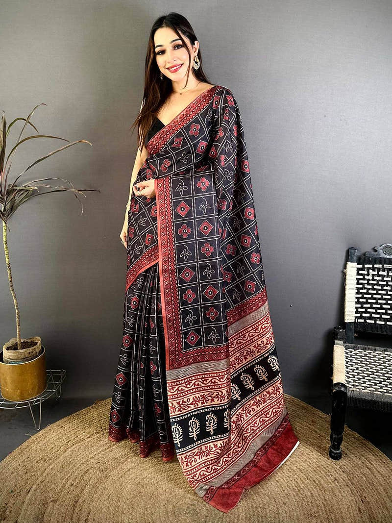 Elegant Tussar Ajrakh Geometric Floral Saree