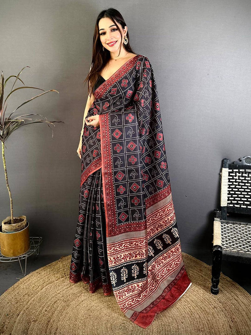 Elegant Tussar Ajrakh Geometric Floral Saree