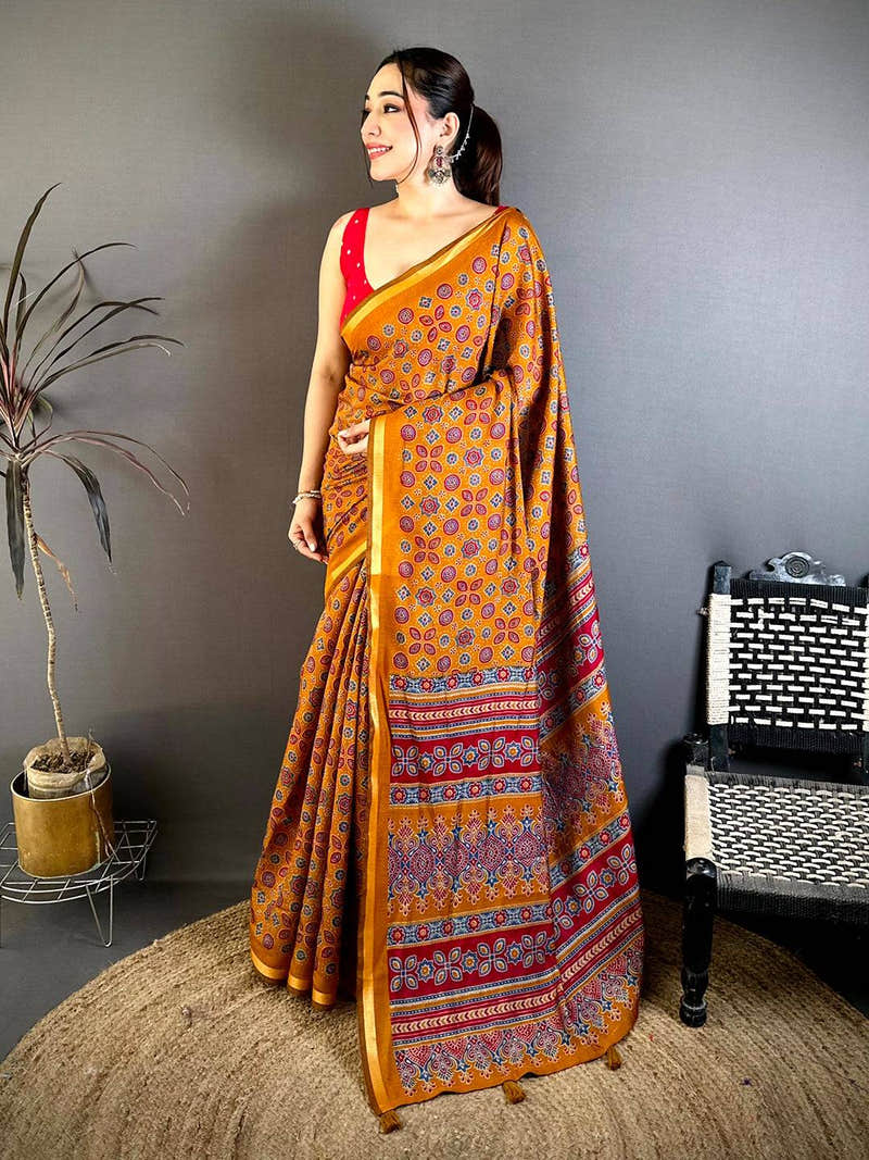 Mustard Mul Cotton Ajrak Vintage Print Saree