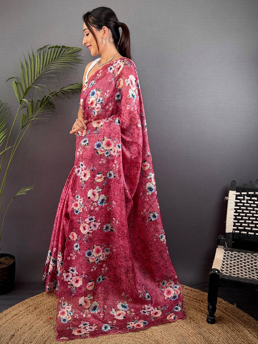 Rose Pink Kota Doriya Floral Cut Work Saree