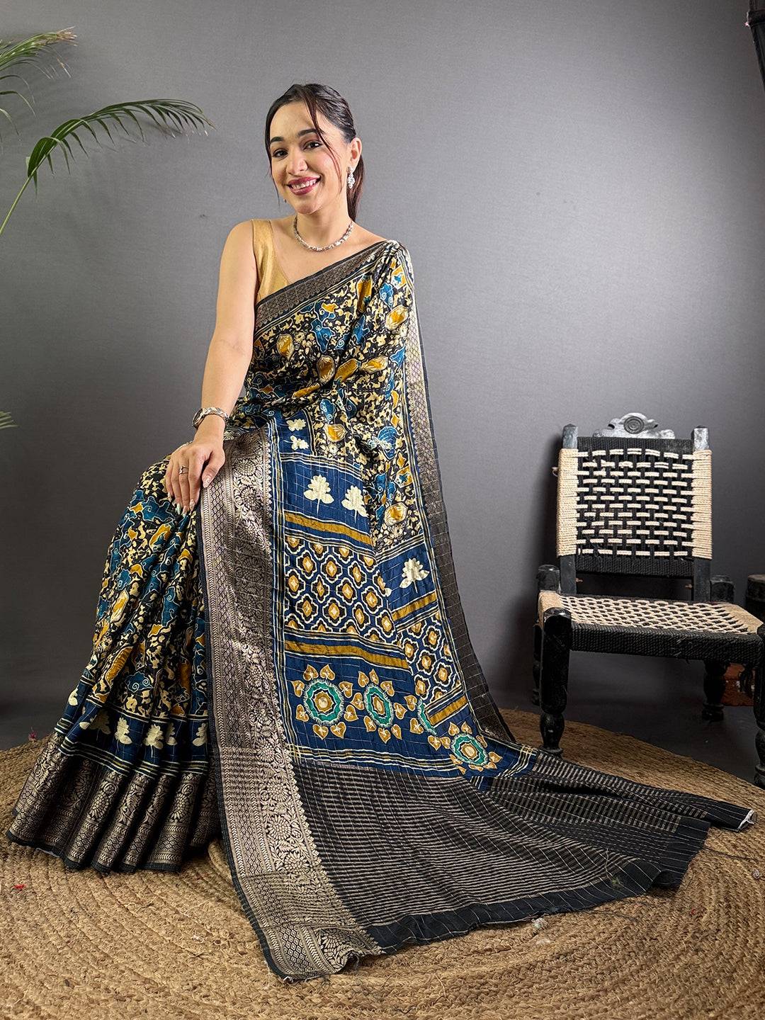 Ink Blue Ajrak Print Viscose Saree