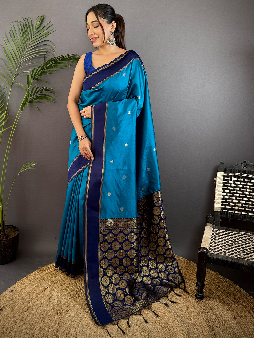 Teal Blue Silk Blend Floral Saree