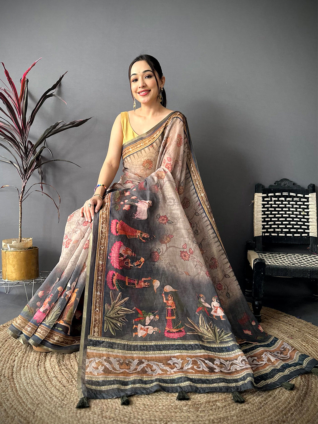 Majestic Pen Kalamkari Digital Linen Saree