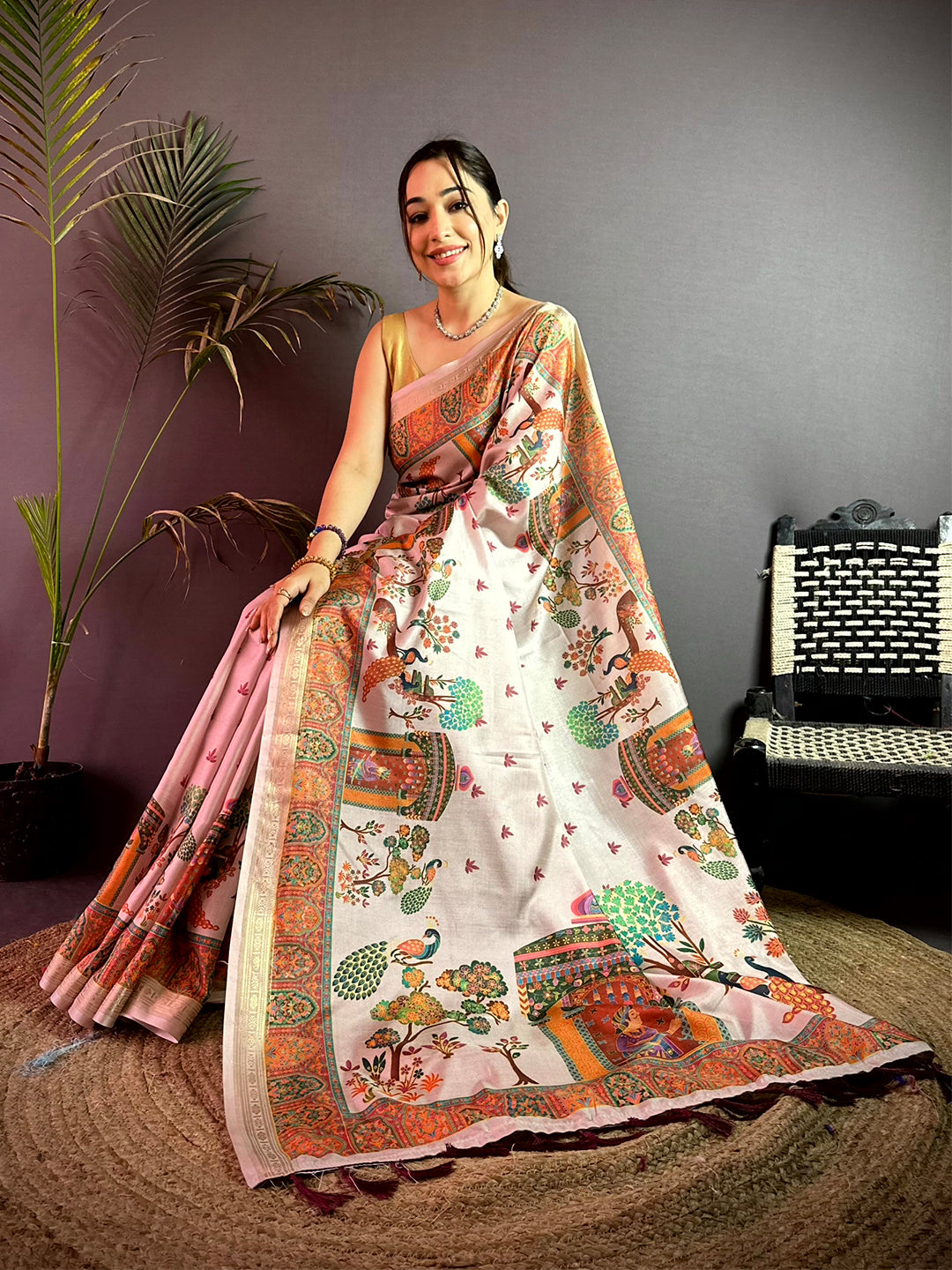 Off White Kashmiri Kalamkari Soft Silk Saree