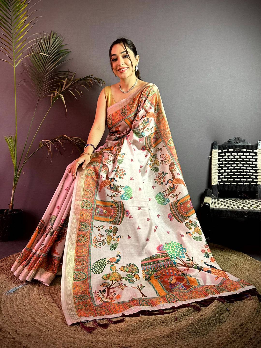 Off White Kashmiri Kalamkari Soft Silk Saree