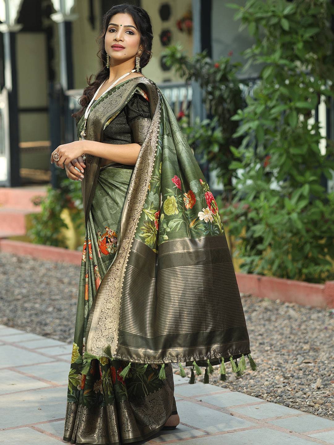 Dark Green Colour Pure Viscose Dola Silk Floral Print Saree
