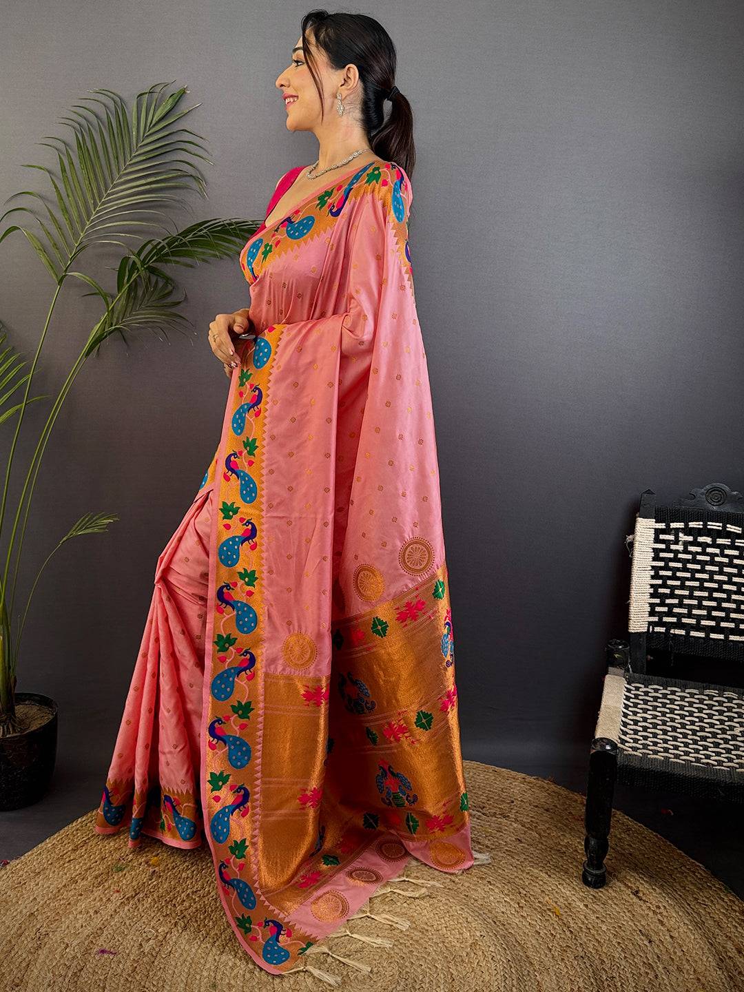 Peach Yeola Paithani Soft Silk Saree