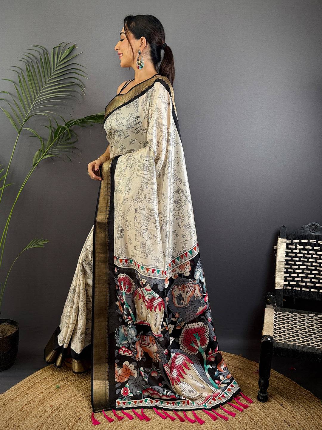 Black Dola Silk Pen Kalamkari Print Saree