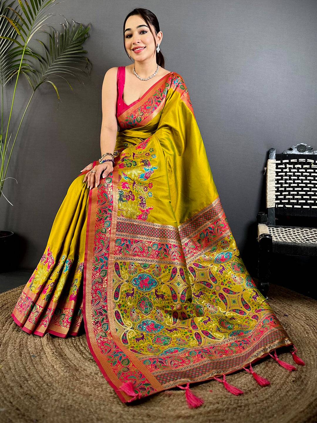 Green Soft Semi Silk Minakari Weave Saree