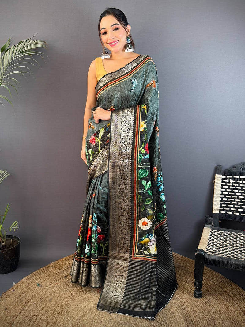 Gray Pure Viscose Checked Saree