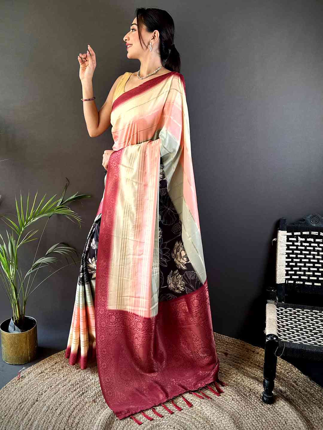 Cream Kalamkari Ombre Crepe Silk Saree