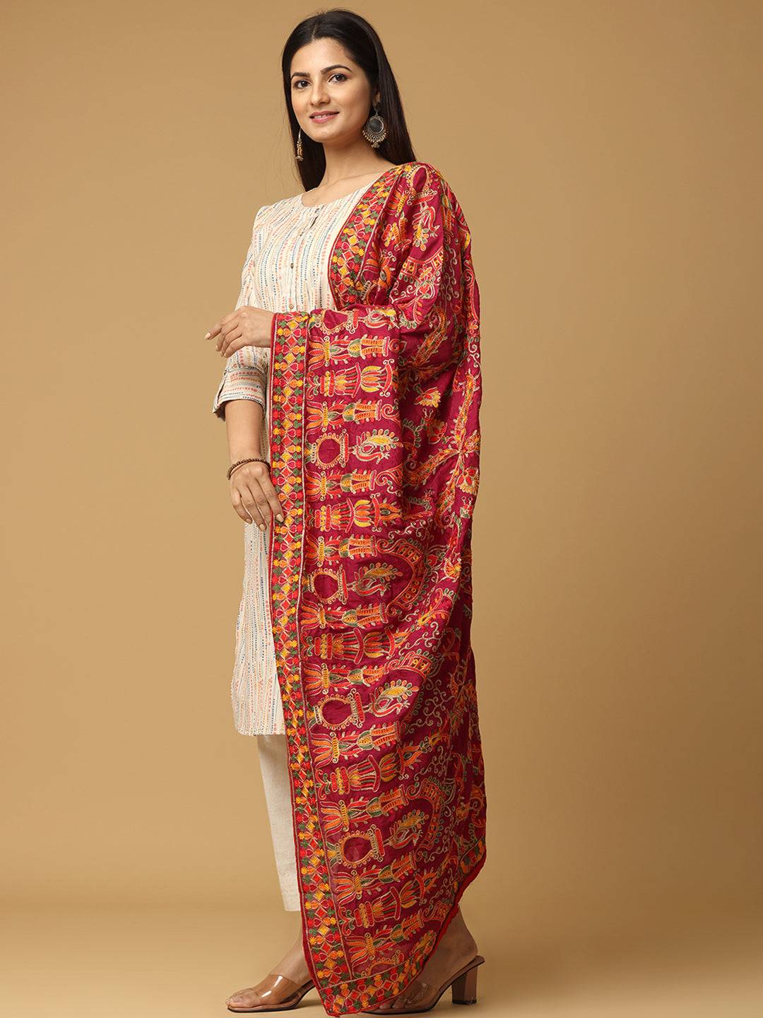 Side view of wine colour poly chiffon pashmina dupatta