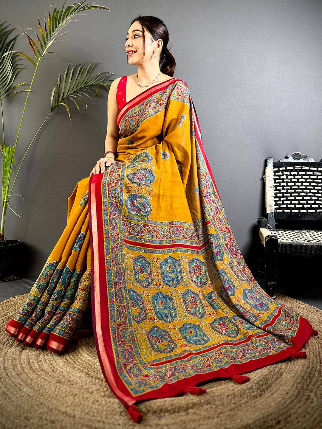 Yellow Kalamkari Pashmina Cotton Saree
