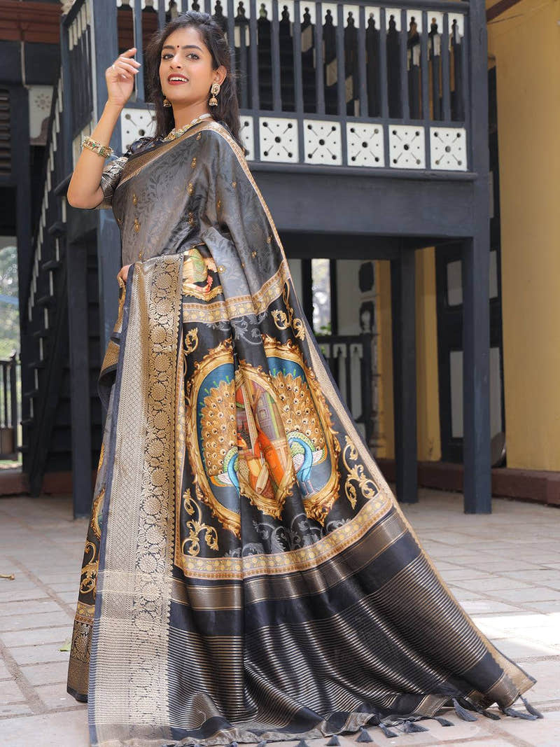 Viscose Dola Silk Saree With Zari Weaving Pallu In Grey Colour - Luxe