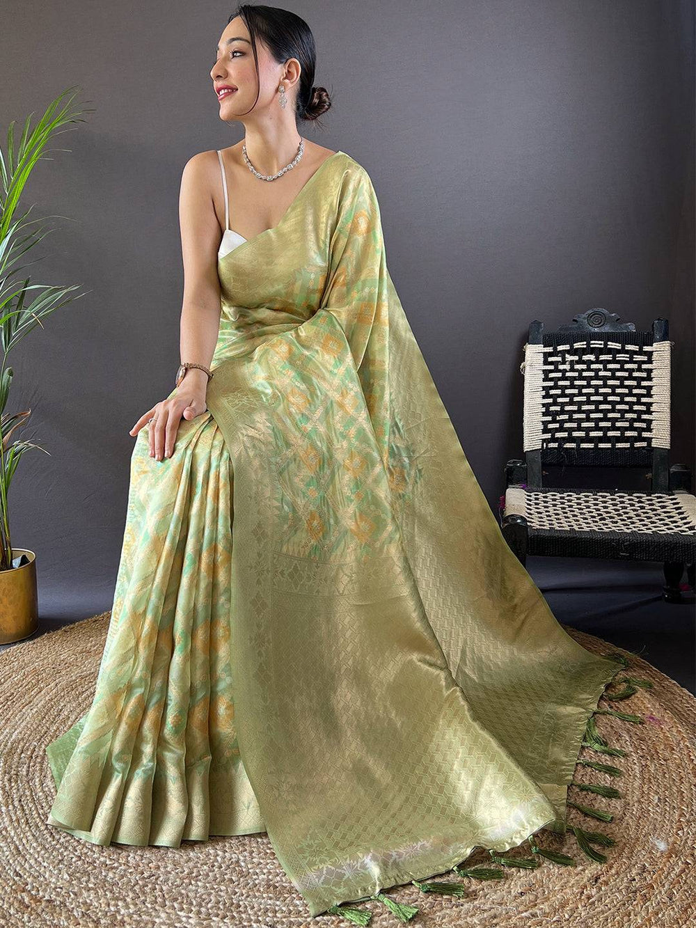 Tulipa Green Colour Block Print Banarasi Saree with rich pallu