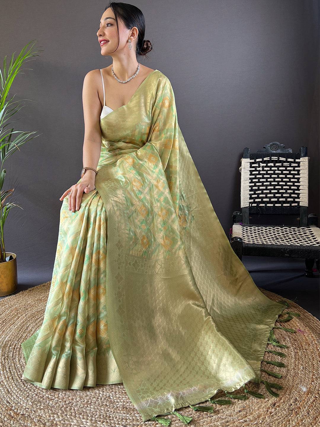 Tulipa Green Colour Block Print Banarasi Saree with rich pallu