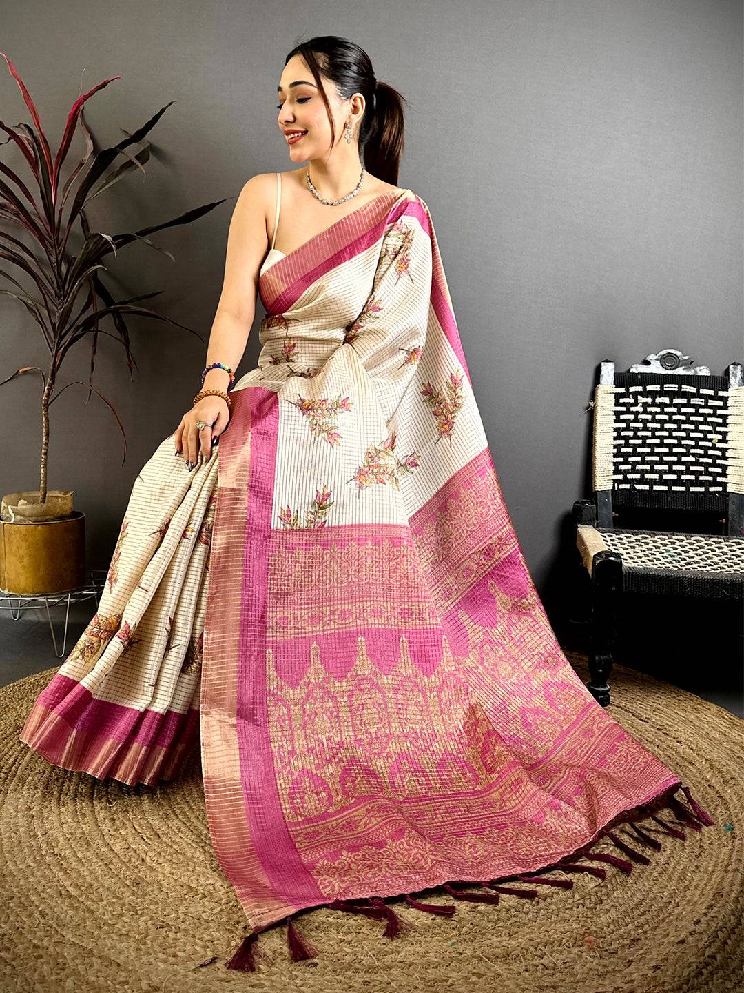 Peach Leaf Minakari Tussar Saree