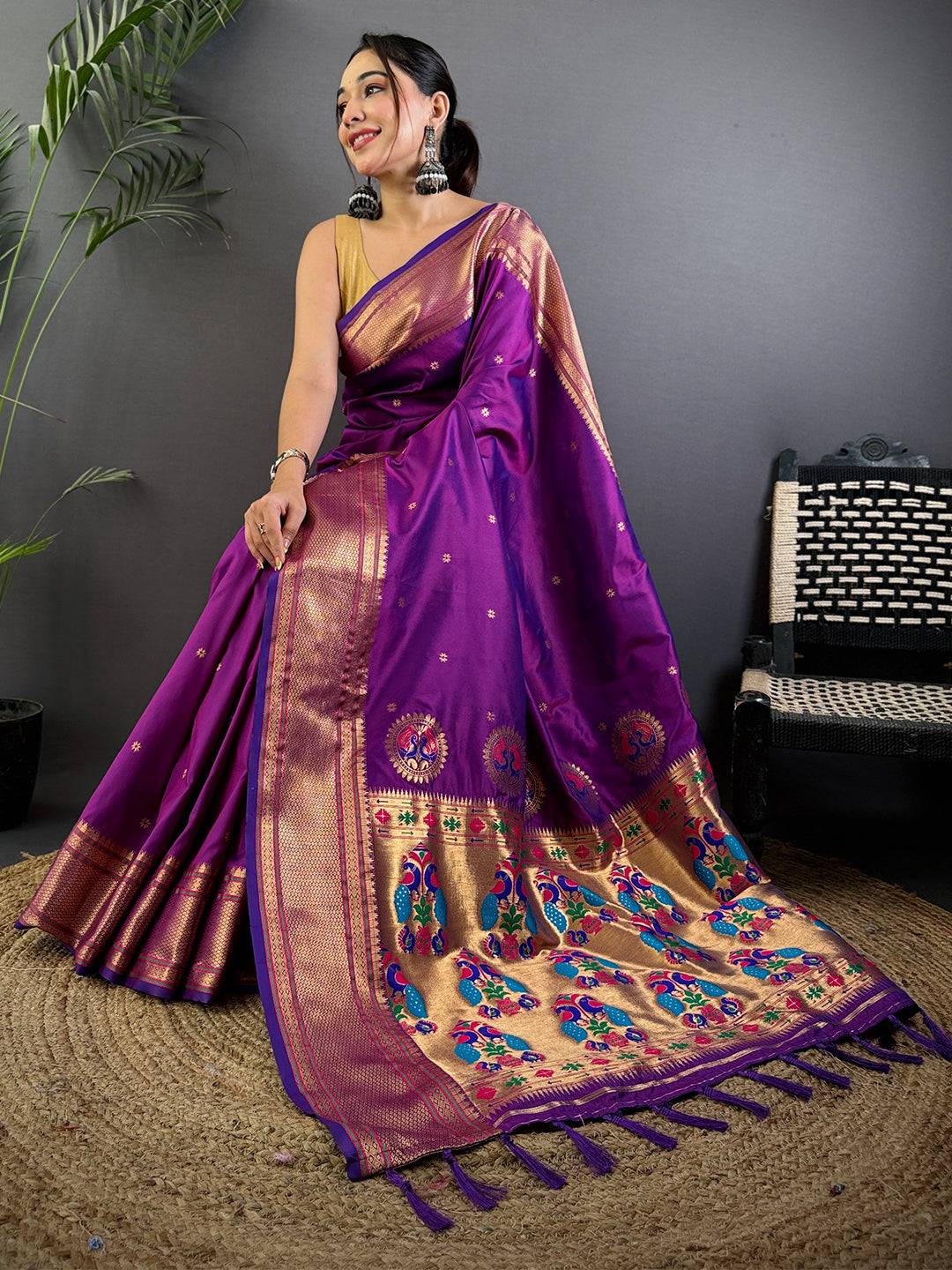 Wine Meenakari Copper Paithani Saree