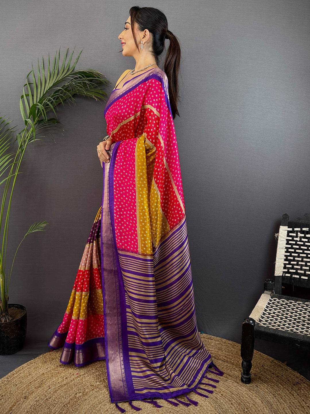 Purple Soft Dola Bandhej Print Saree
