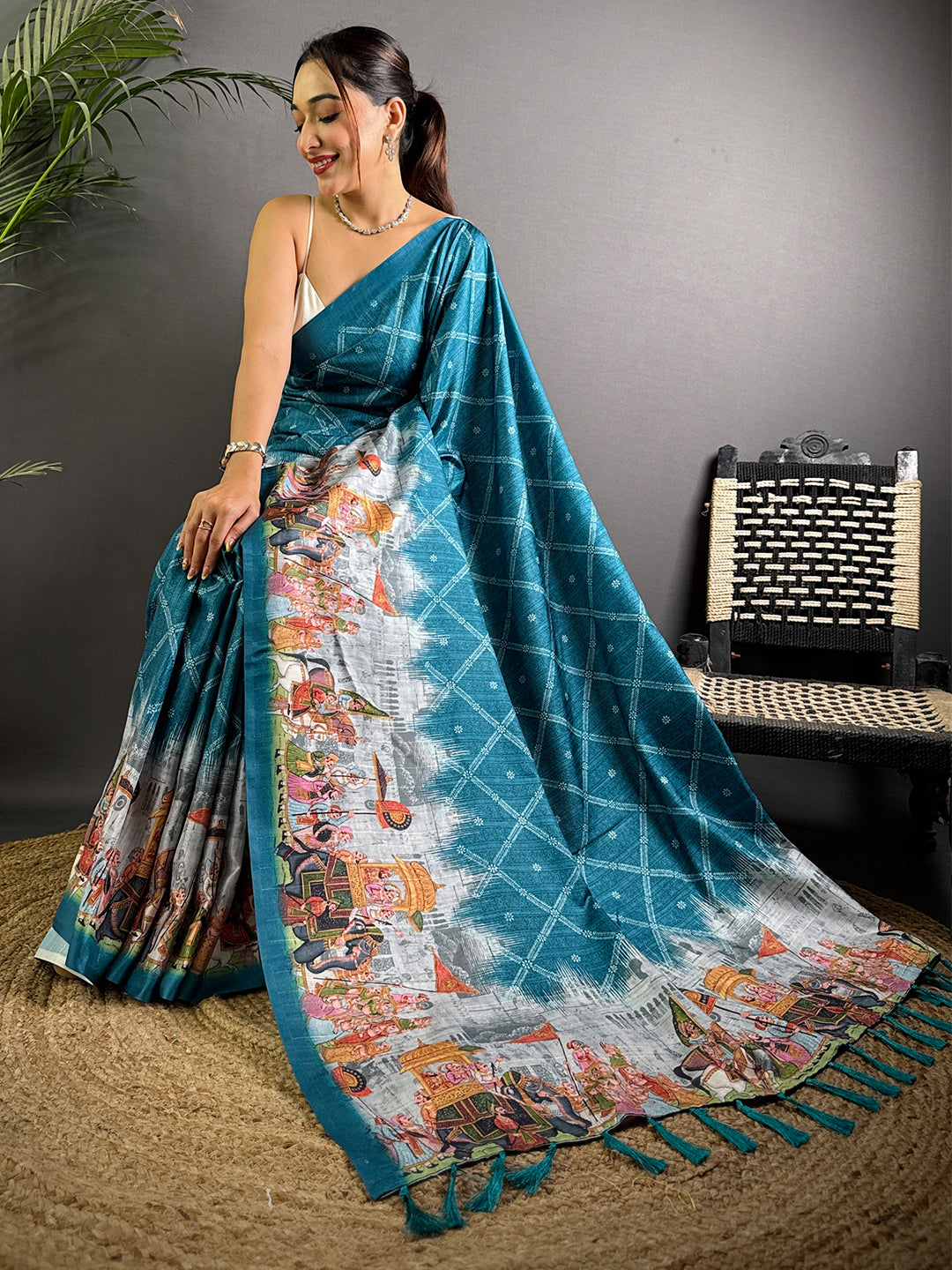 Teal Kalamkari Digital Printed Saree